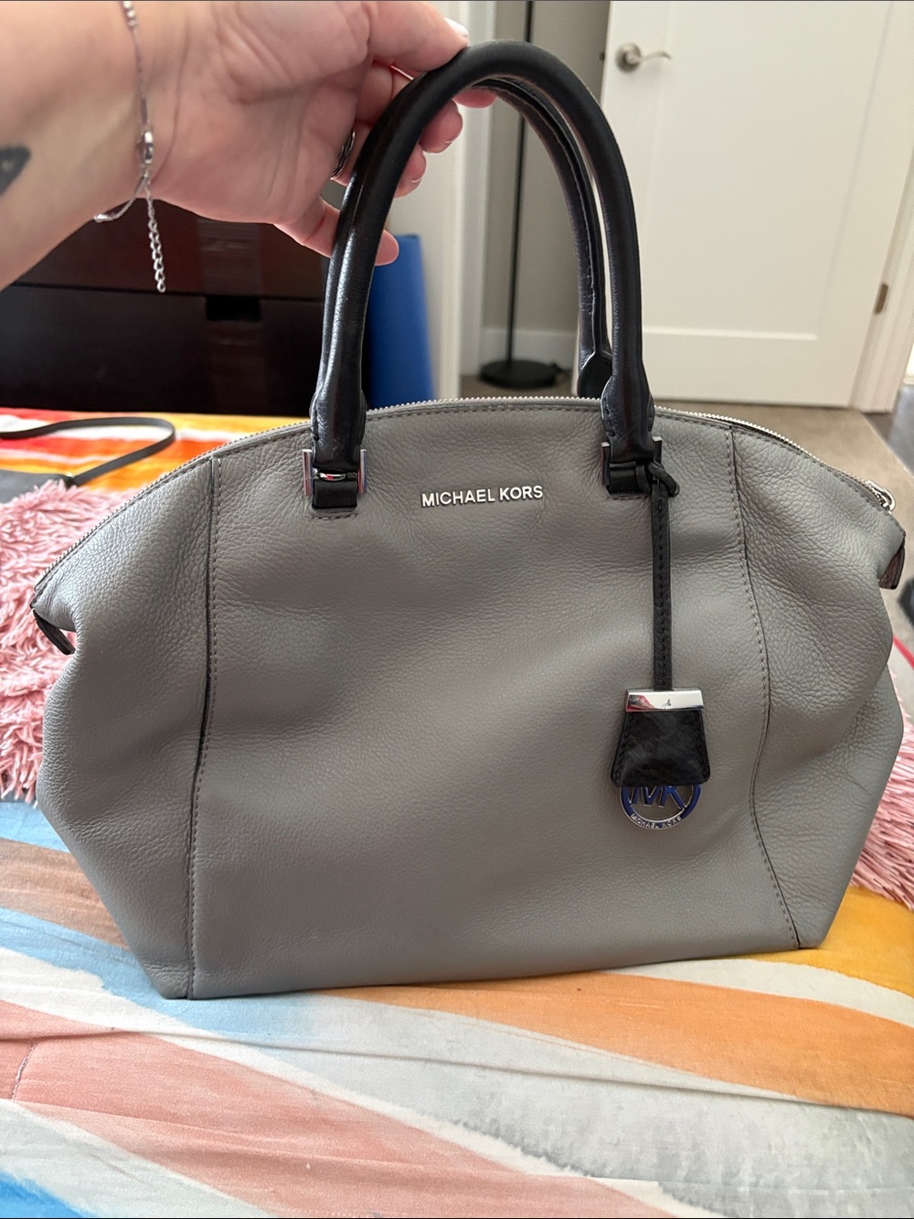 Michael Kors Gray Leather Satchel with Black Handles and Logo Charm - Picture 1 of 11